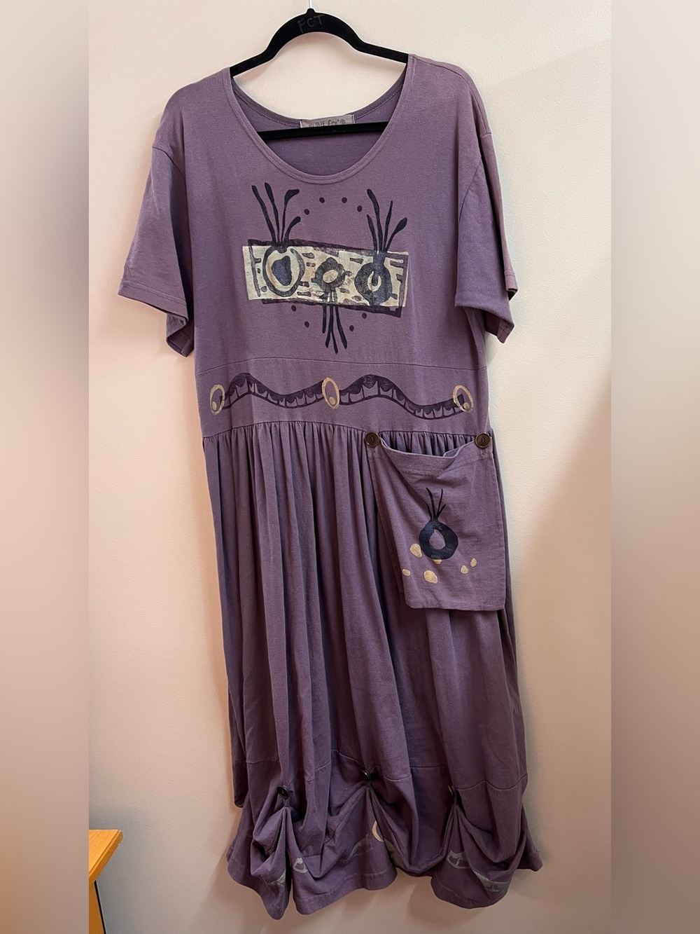 Vintage Blue Fish Dress Short Sleeve Scoop Neck Painted Pocket Ruched Purple EUC